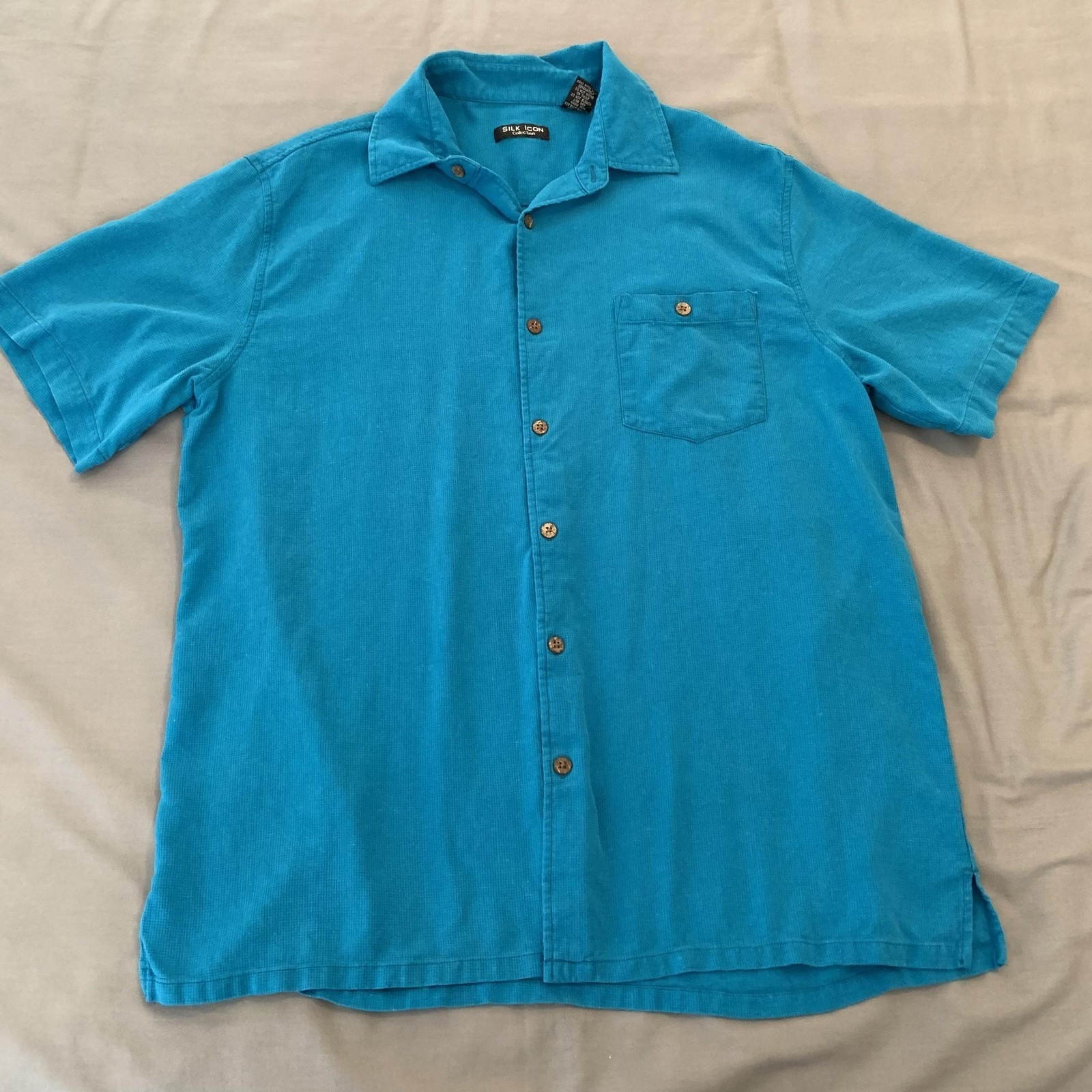 Silk Icon Shirt Mens Xl Blue Solid Short Sleeve Button Front Silk Casual Woven